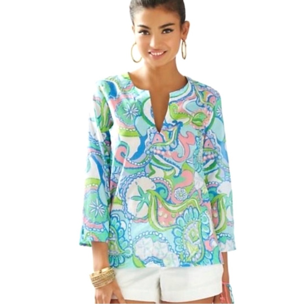 Lilly Pulitzer XXS Amelia Island Tunic In Conch Republic Blouse VNeck 3/4 Sleeve